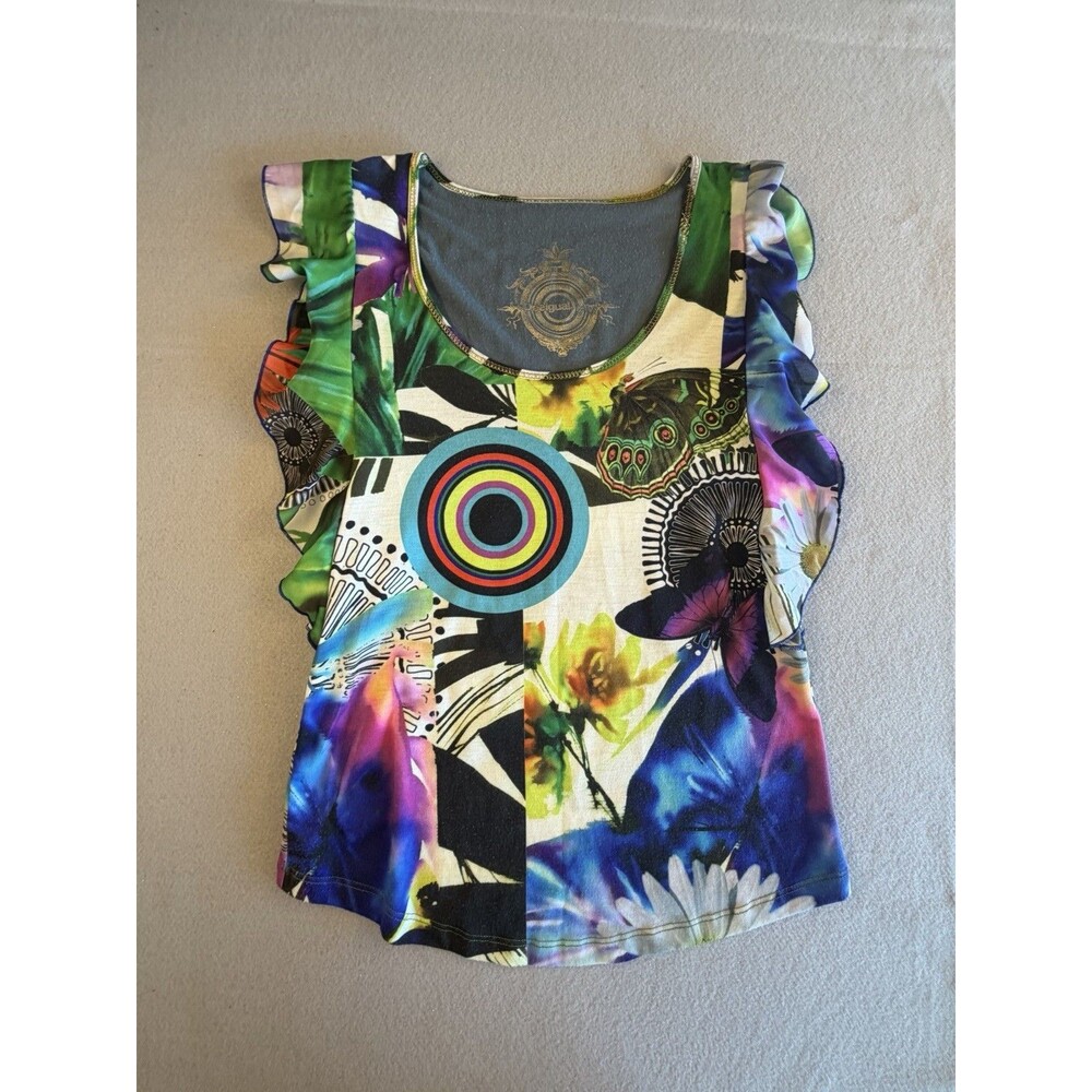 Desigual Multicolor Floral Ruffle Accent Scoop Neck Sleeveless Tank Maternity M